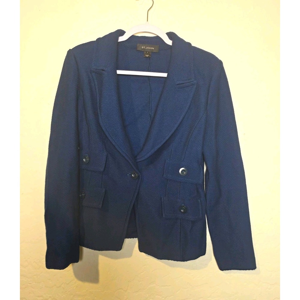 St. John Womens Blue Solid Button Front Collared Jacket Long Sleeve Sz 6